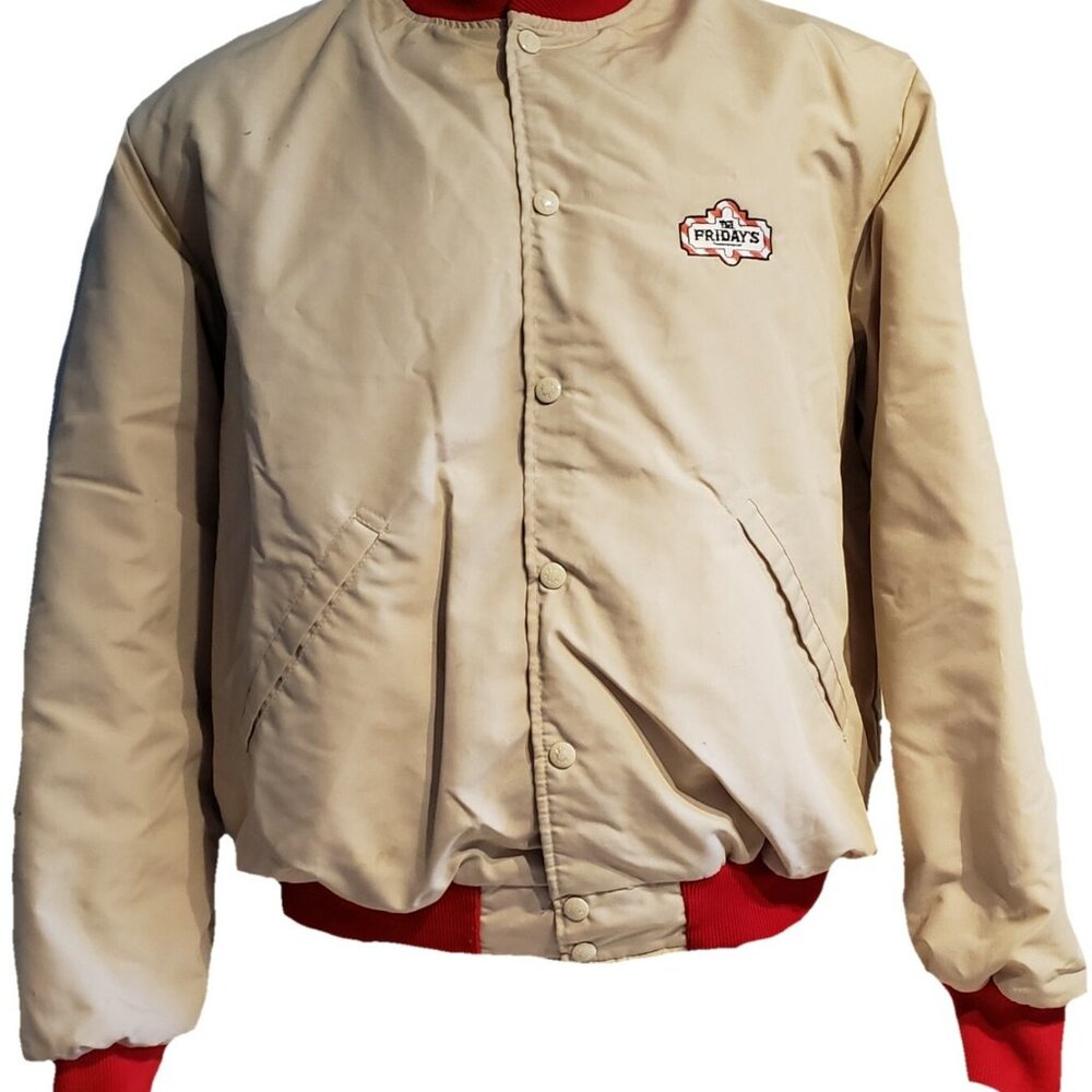 TGI Friday Logo Jacket XL Extra Large Quilted Vintage Beige Red Birdie USA
